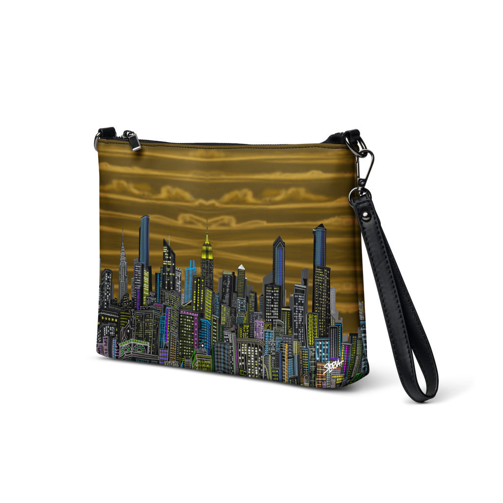 Purse with Loria NYC Art cityscape design on a white background