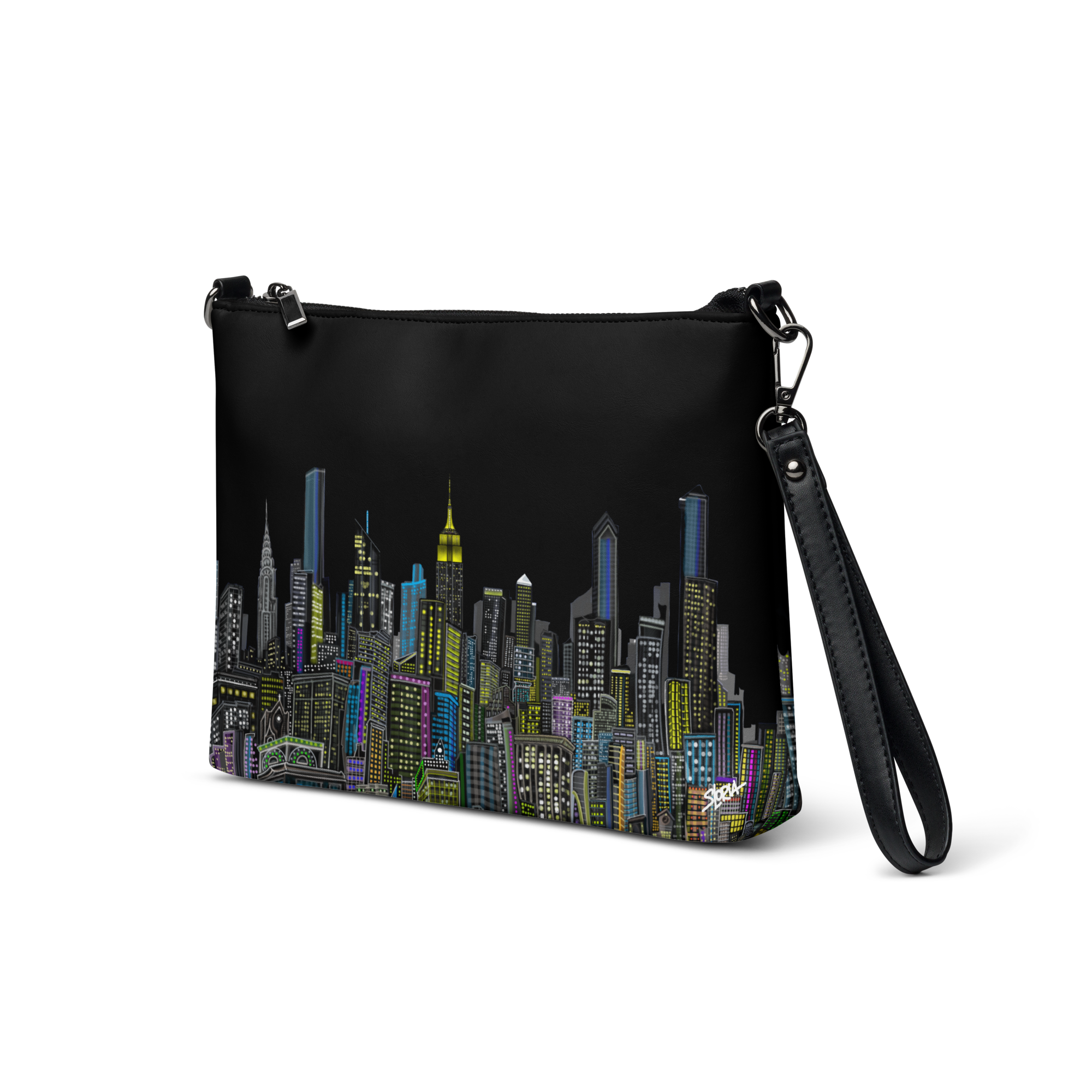 Black crossbody bag with Loria NYC Art cityscape design on a white background