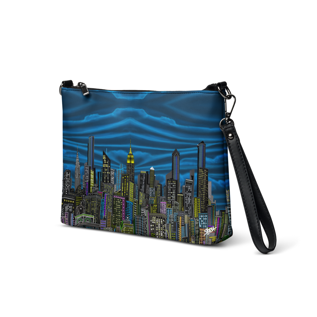 Crossbody bag with cityscape Loria NYC Art design on a white background