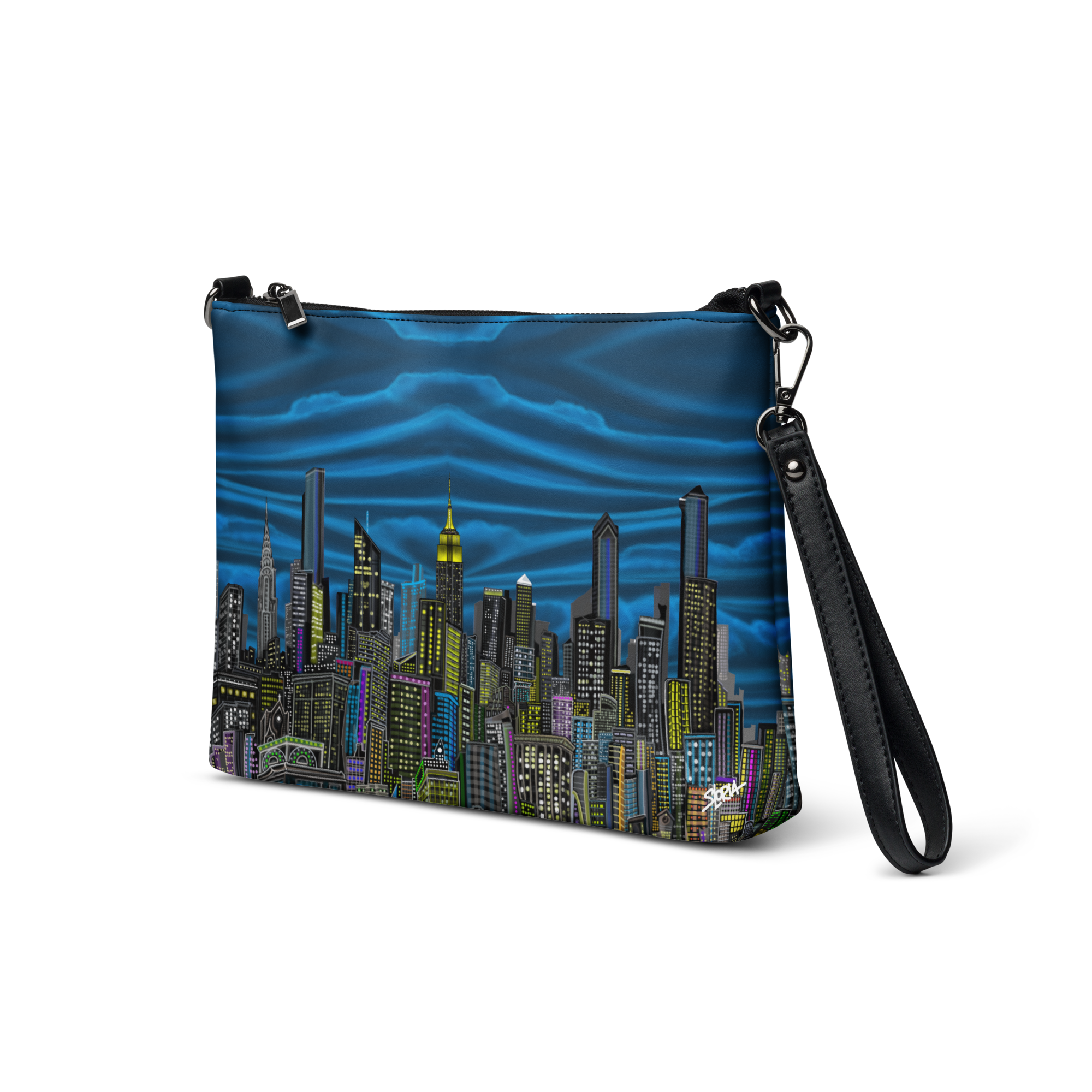 Crossbody bag with cityscape Loria NYC Art design on a white background