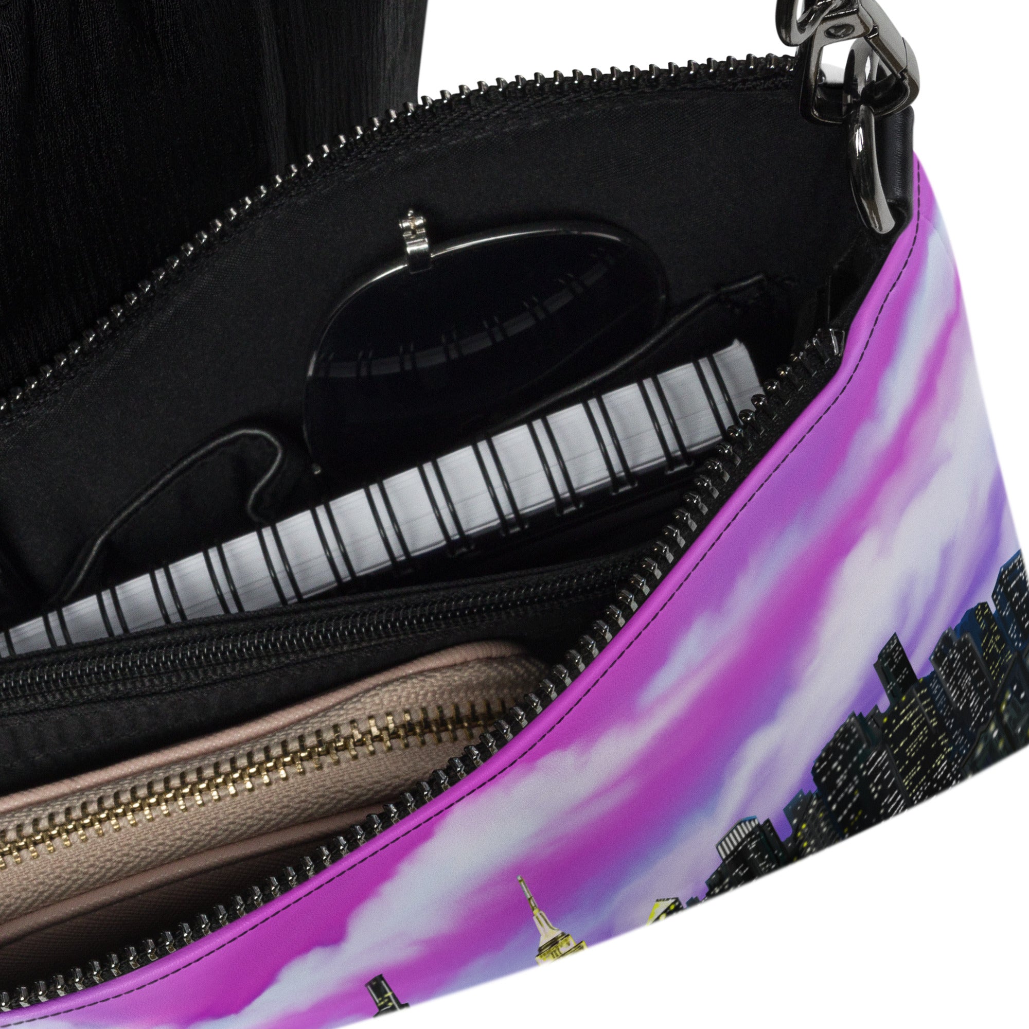 Inside Crossbody bag with a Loria NYC Art city skyline design on a white background