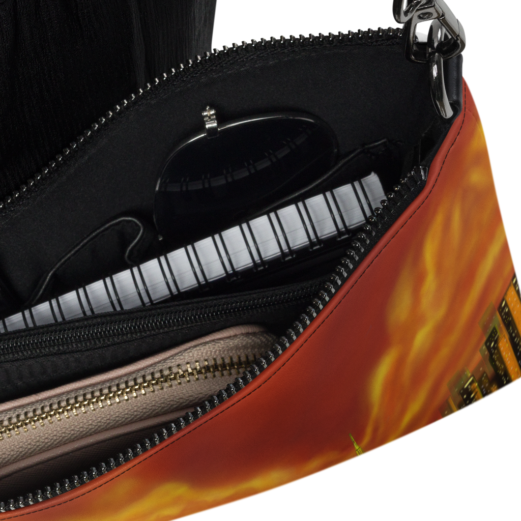 View of Inside zipper of a clutch bag with a Loria NYC Art cityscape design  