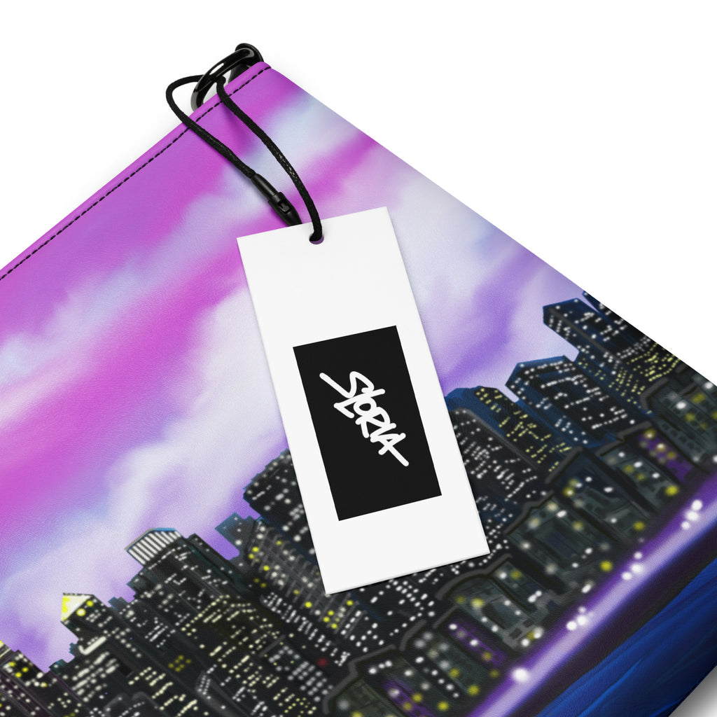 Product packaging with a cityscape design and a visible brand tag on a white background