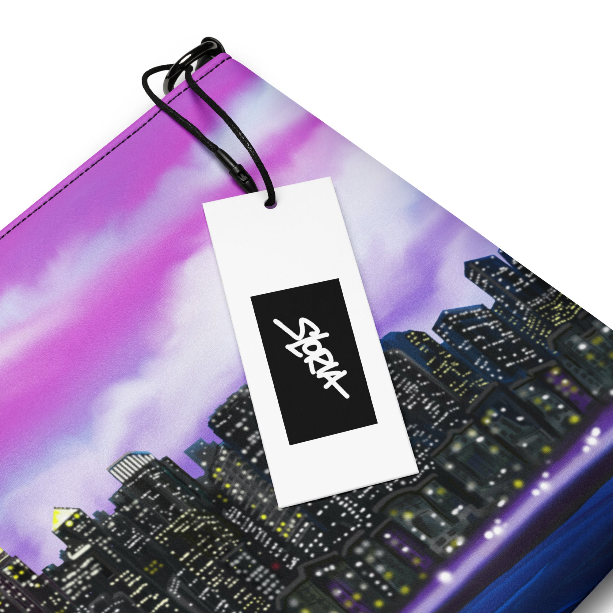 Product packaging with a cityscape design and a visible brand tag on a white background