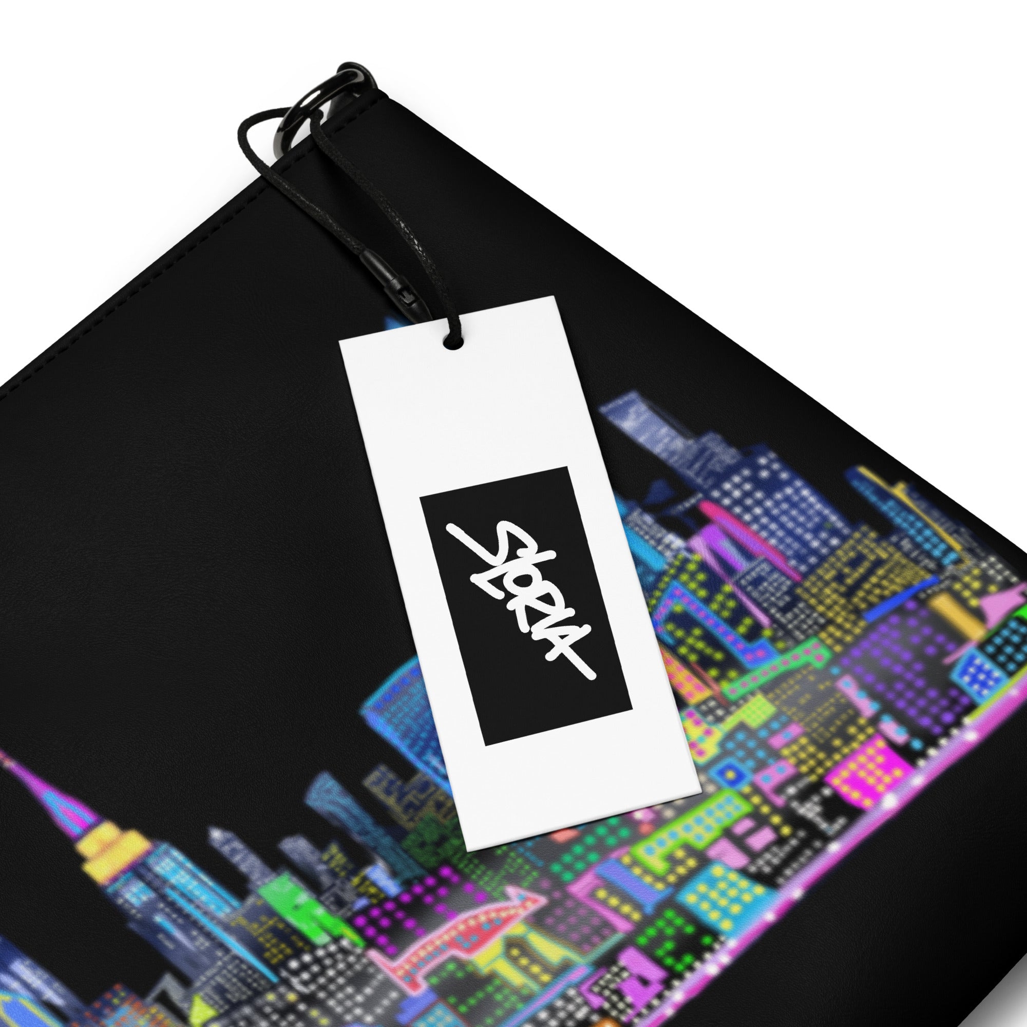Black bag with a colorful cityscape design and a white tag featuring a S.Loria logo.