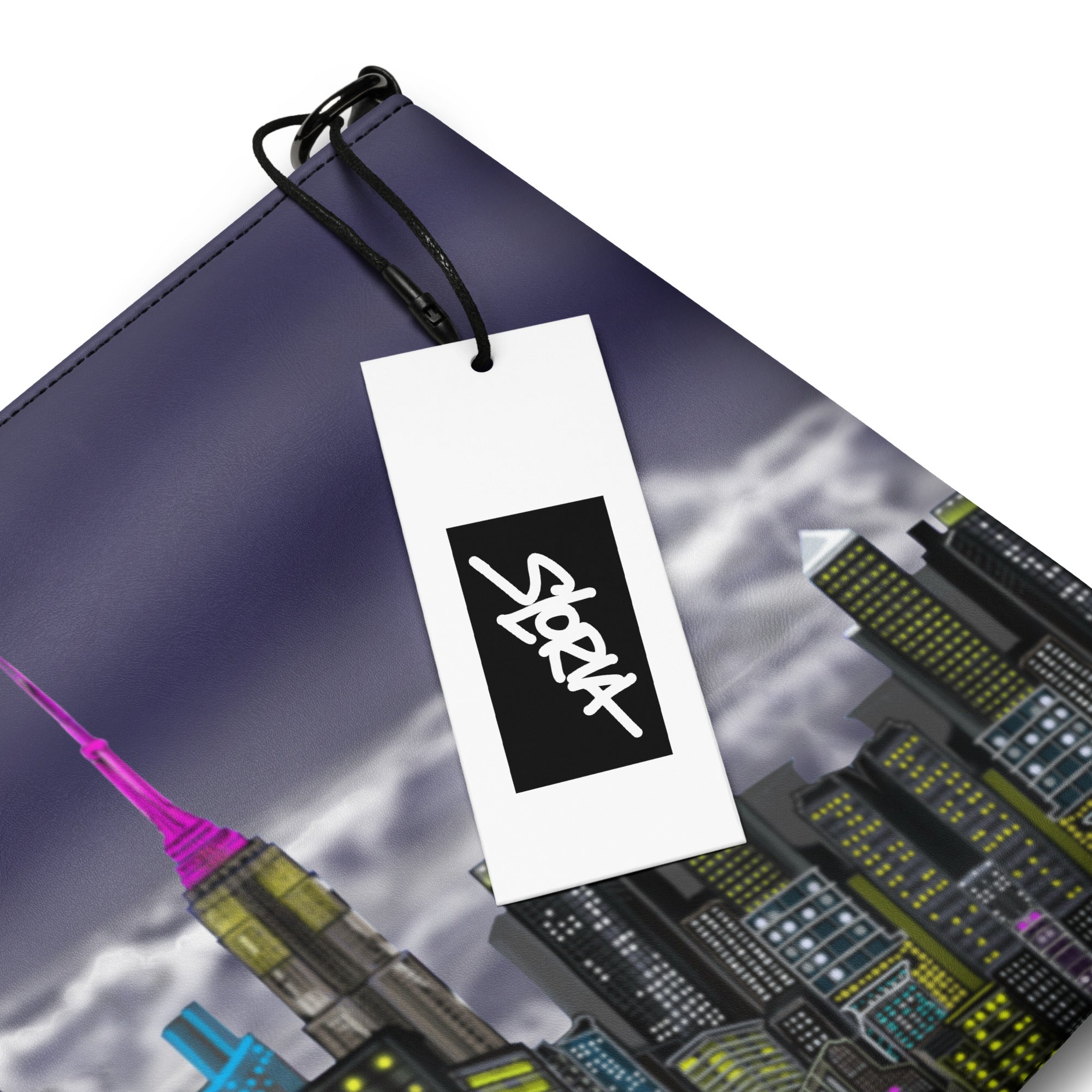 Cityscape with a tag featuring the brand S.Loria on a white background