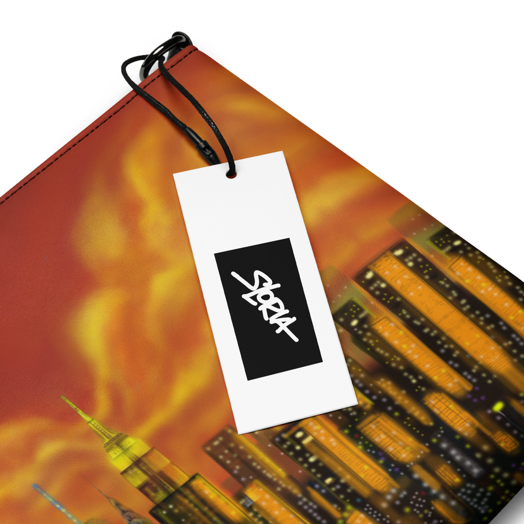 Tag with 'S.Loria' logo on a fiery Loria NYC Art cityscape background