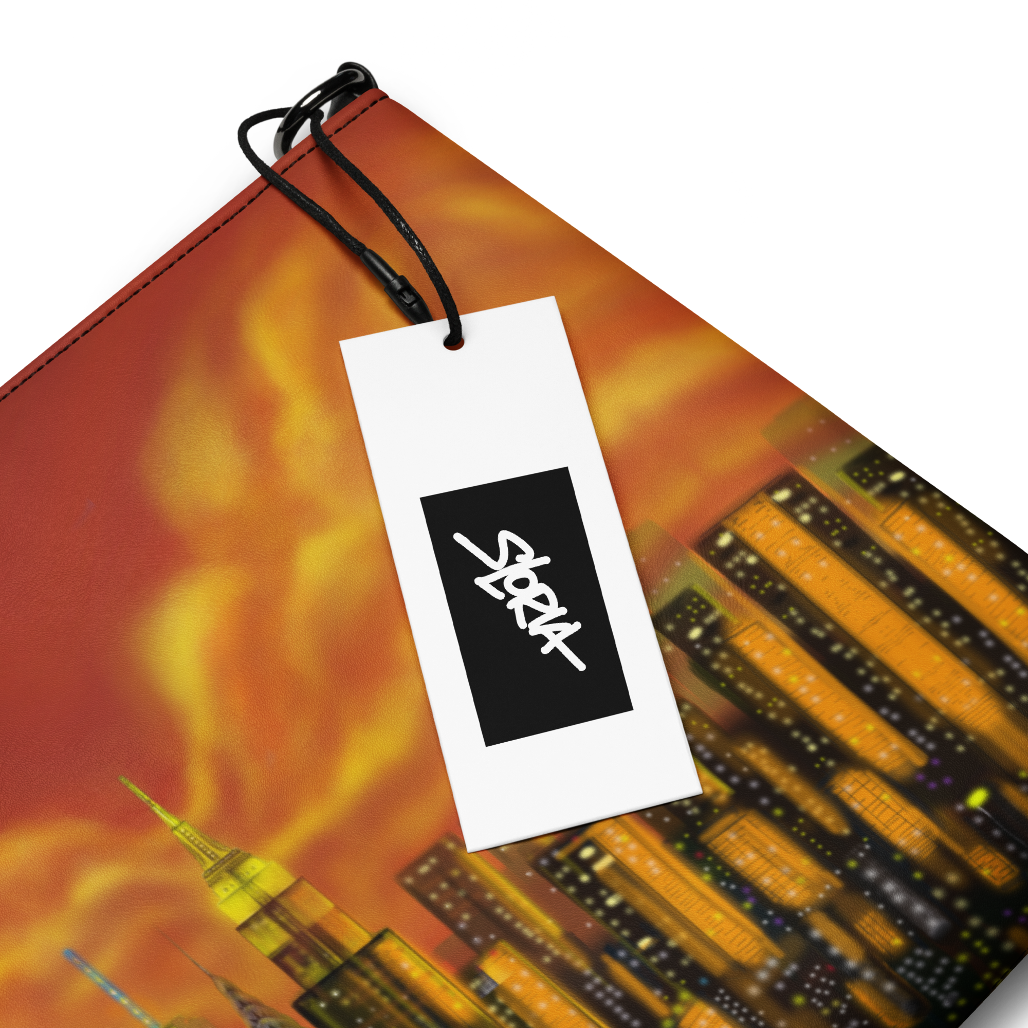 Tag with 'S.Loria' logo on a fiery Loria NYC Art cityscape background