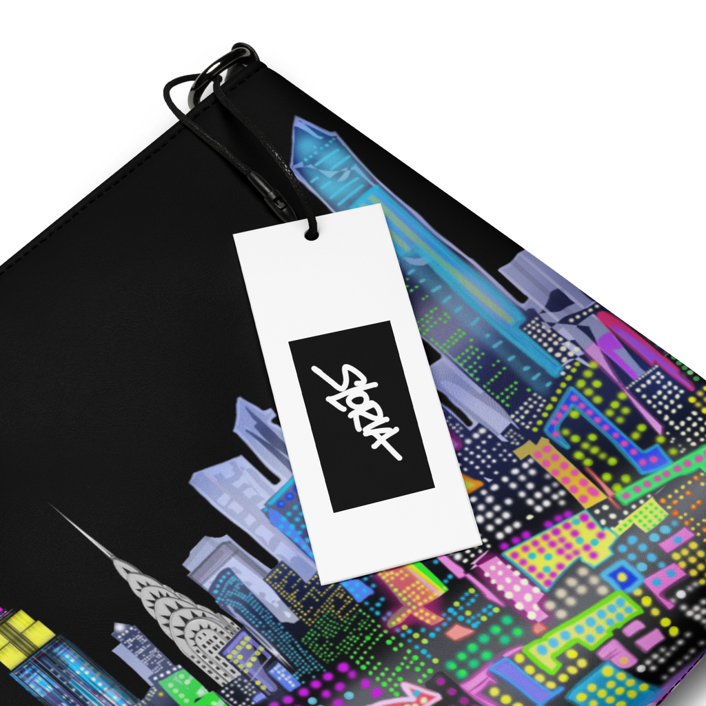 Colorful cityscape Loria NYC Art design with a white tag featuring a black S.Loria logo on a black background.