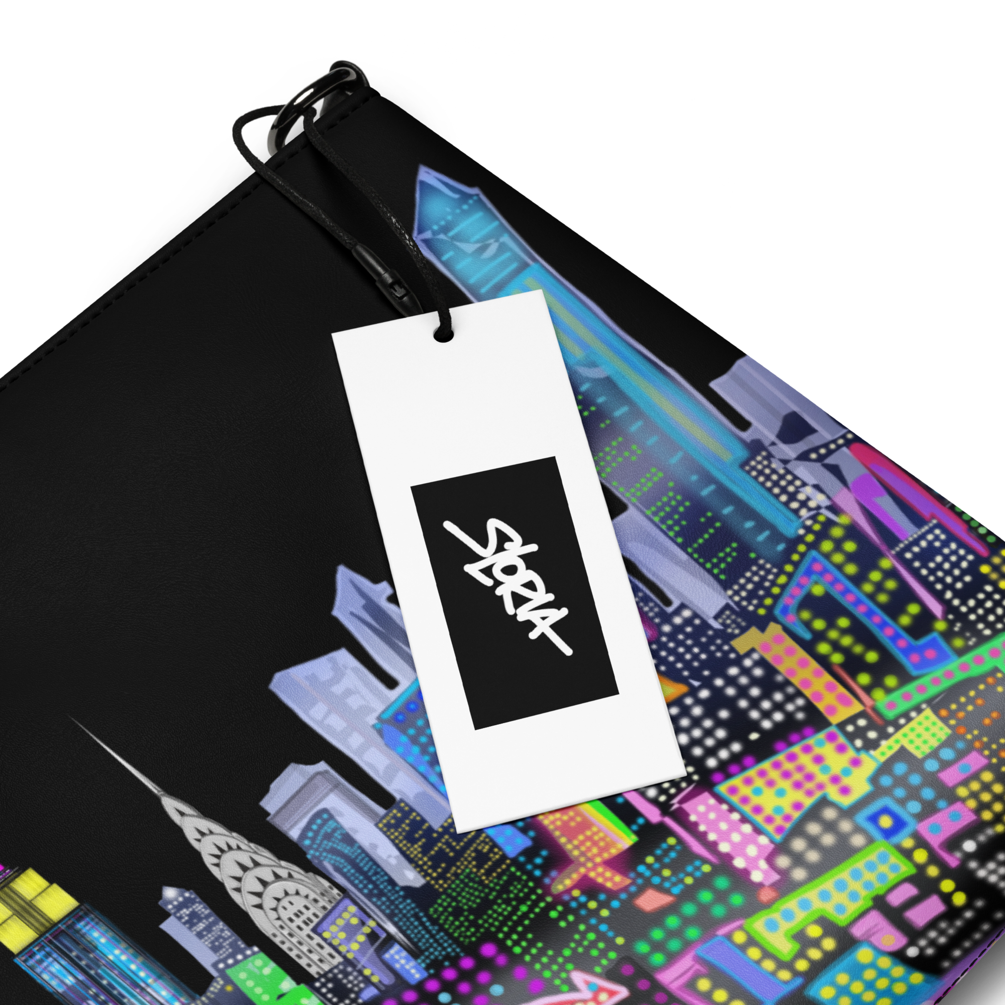 Colorful cityscape Loria NYC Art design with a white tag featuring a black S.Loria logo on a black background.