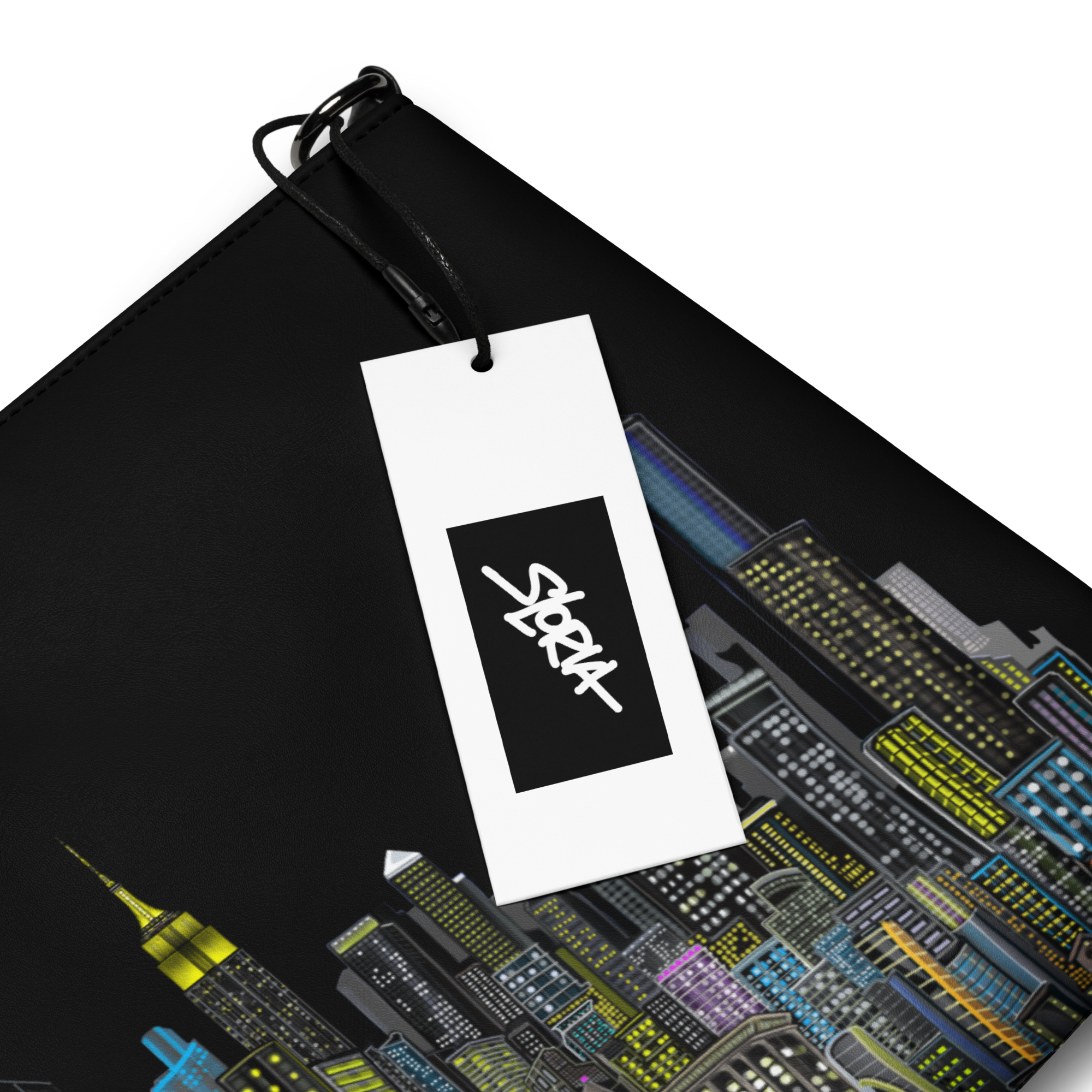 Black drawstring bag with a Loria NYC Art cityscape design and a white tag featuring a logo.