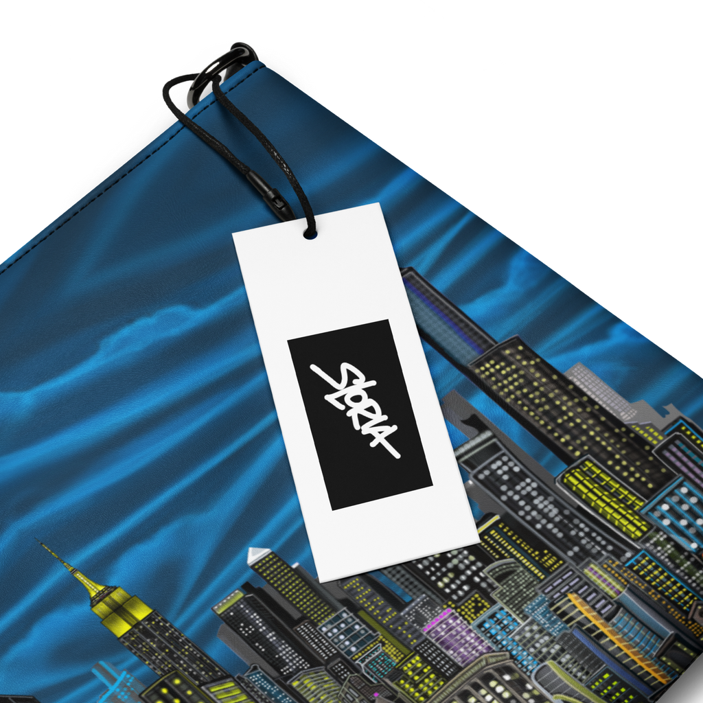 Blue crossbody bag with cityscape Loria NYC Art design and a 'S.Loria' logo, on a white background