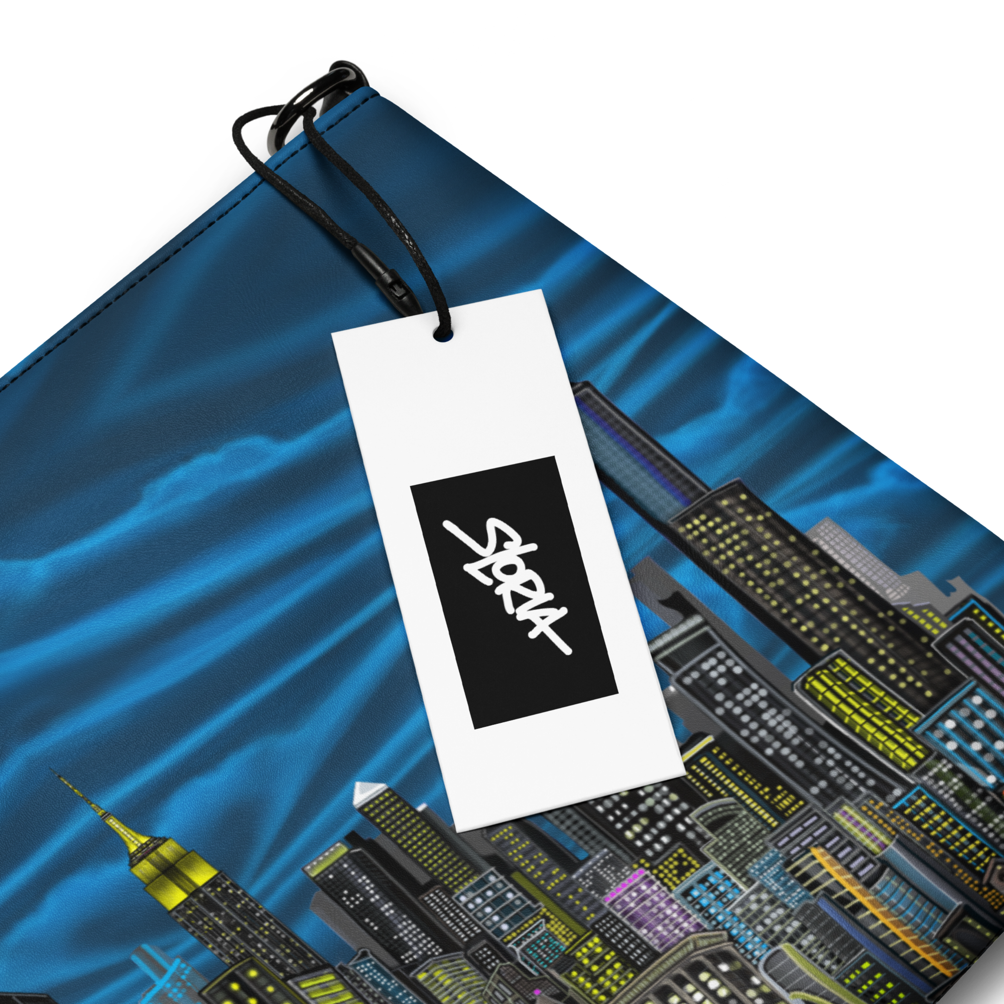 Blue crossbody bag with cityscape Loria NYC Art design and a 'S.Loria' logo, on a white background