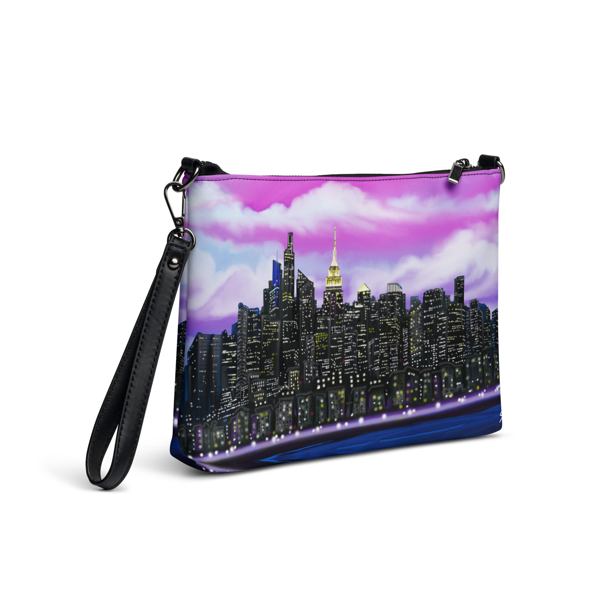 Crossbody bag with a Loria NYC Art city skyline design on a white background