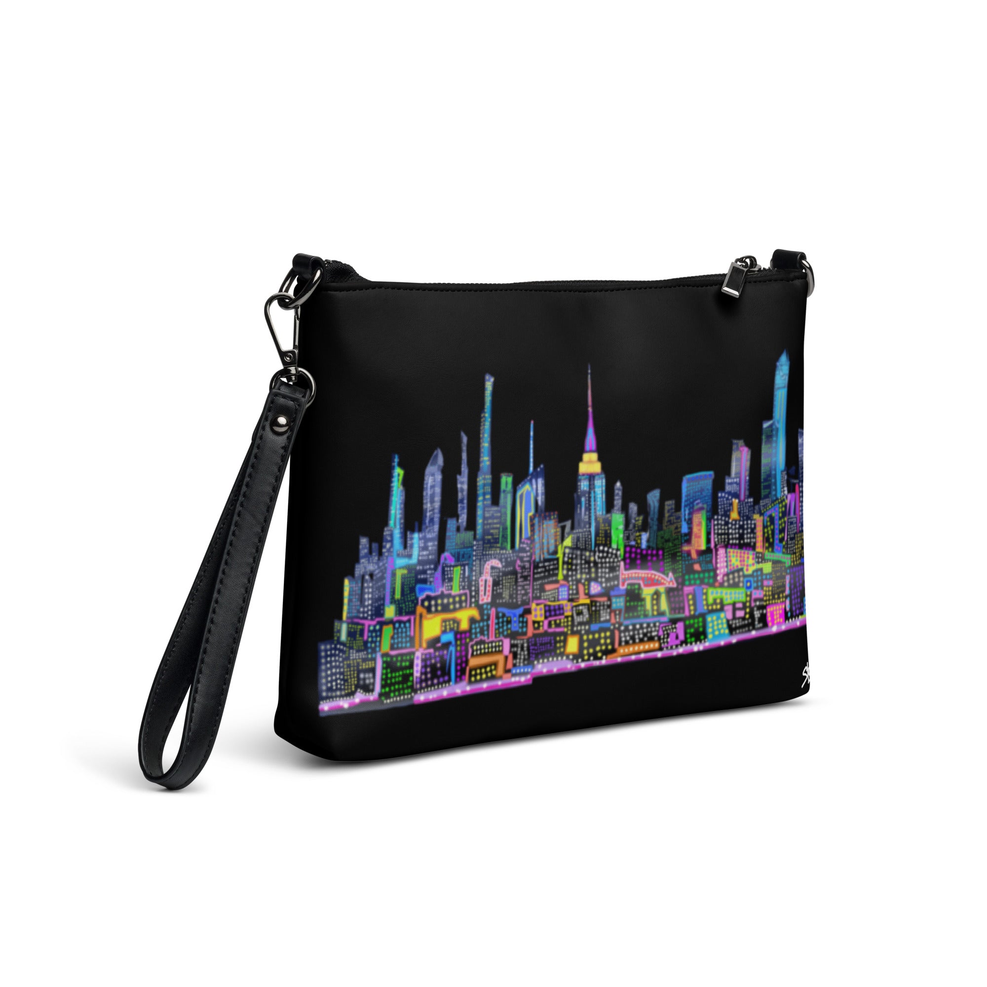 Black crossbody bag with colorful Loria NYC Art cityscape design on a white background