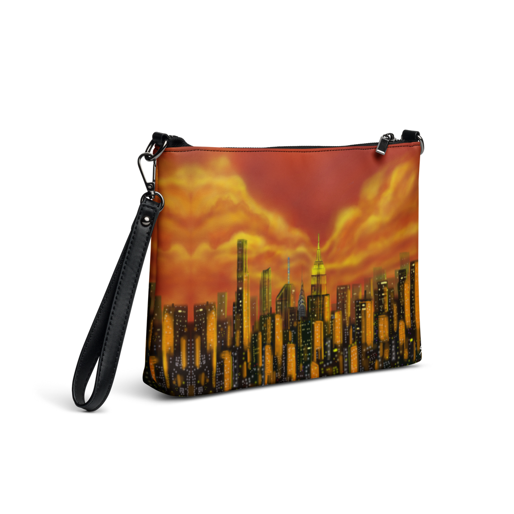 Pouch with Loria NYC Art cityscape design and black strap on a white background