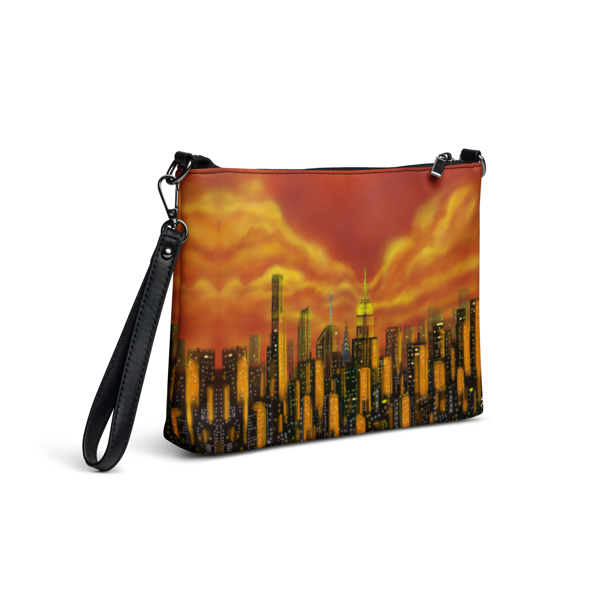 Pouch with Loria NYC Art cityscape design and black strap on a white background