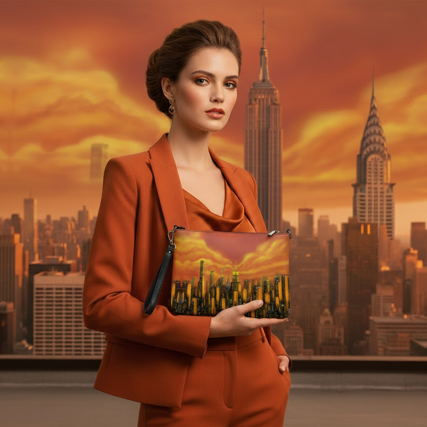 Lady holding a clutch pocket book with a orange cityscape by Loria NYC Art design 