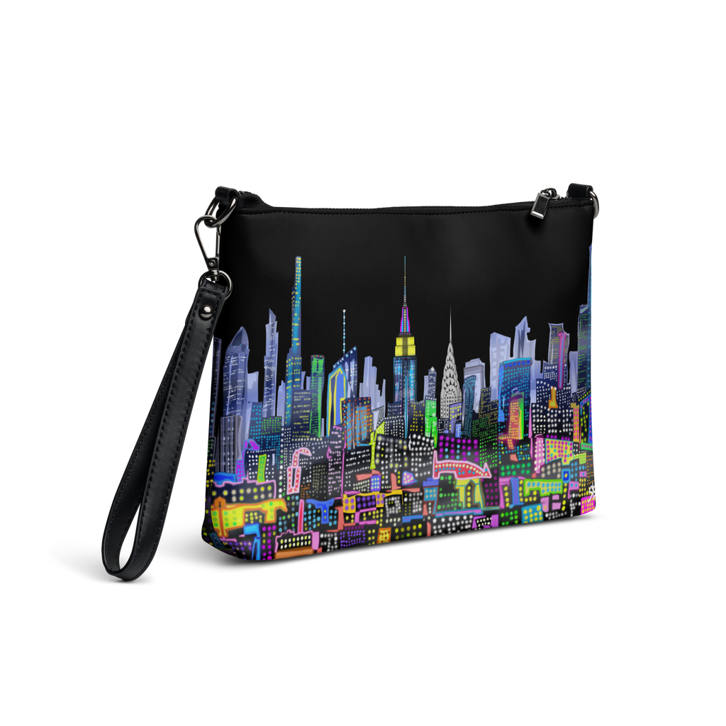 Black wristlet with colorful cityscape  Loria NYC Art design on a transparent background