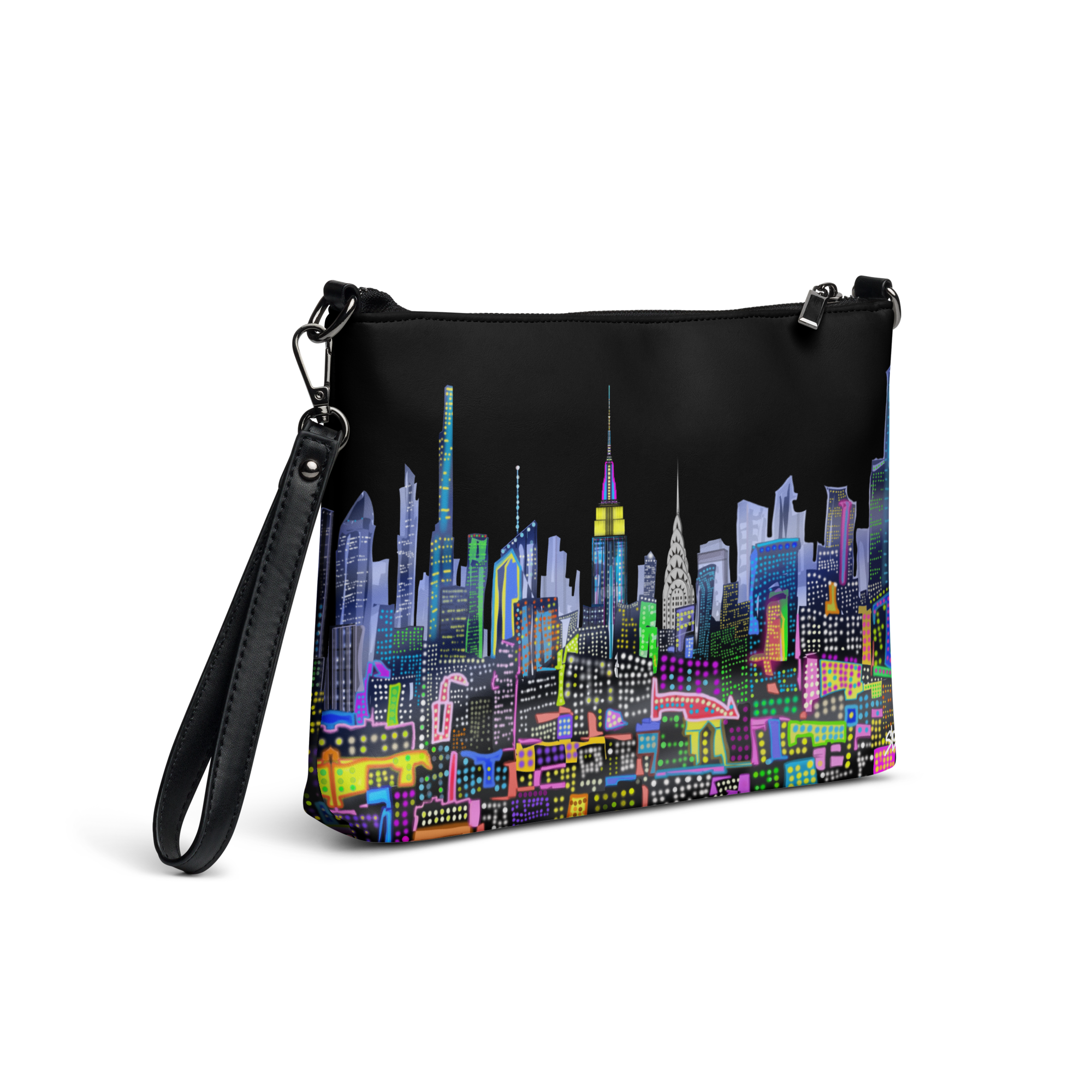 Black wristlet with colorful cityscape  Loria NYC Art design on a transparent background