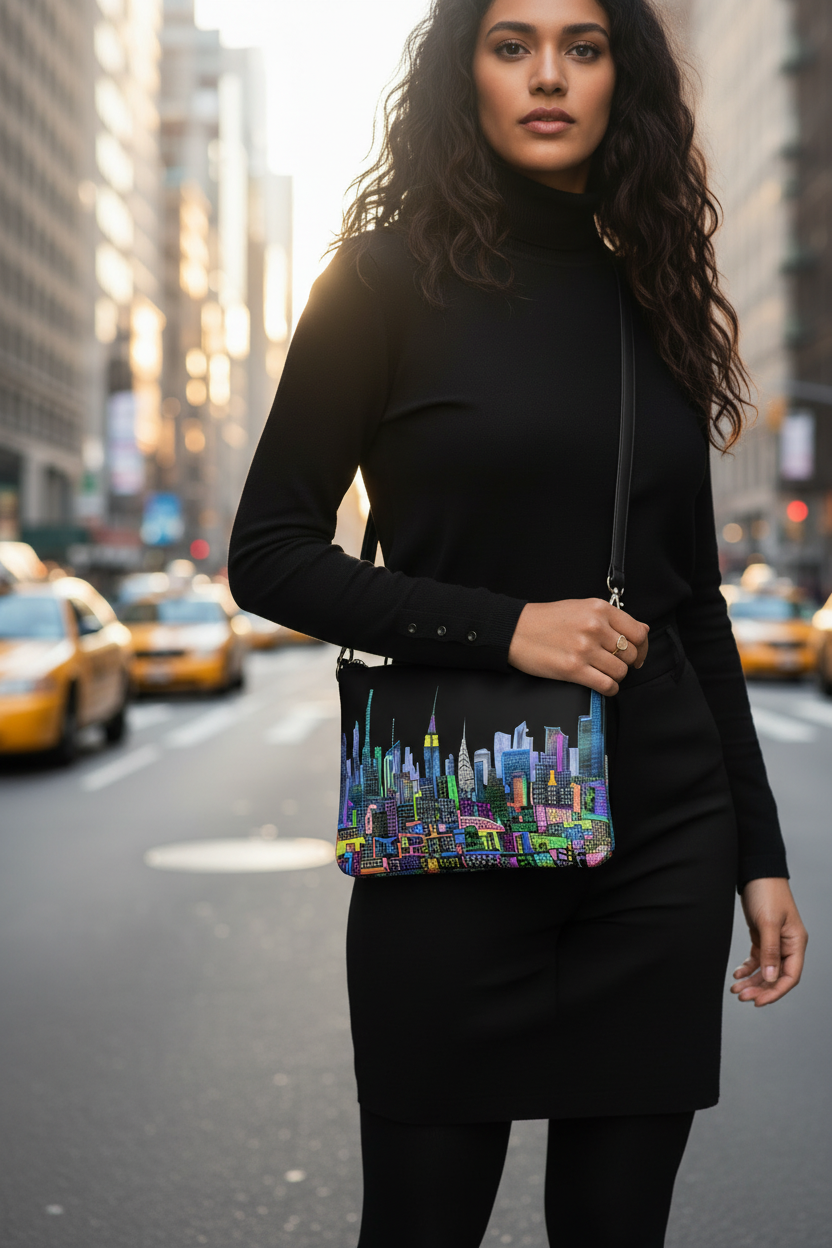 Woman holding a colorful Loria NYC Art handbag with a cityscape design on a city street with taxis.