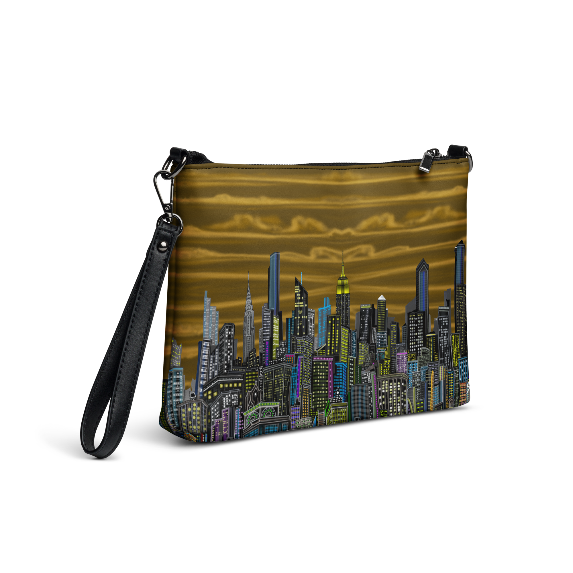 Pouch with Loria NYC Art cityscape design on a black background