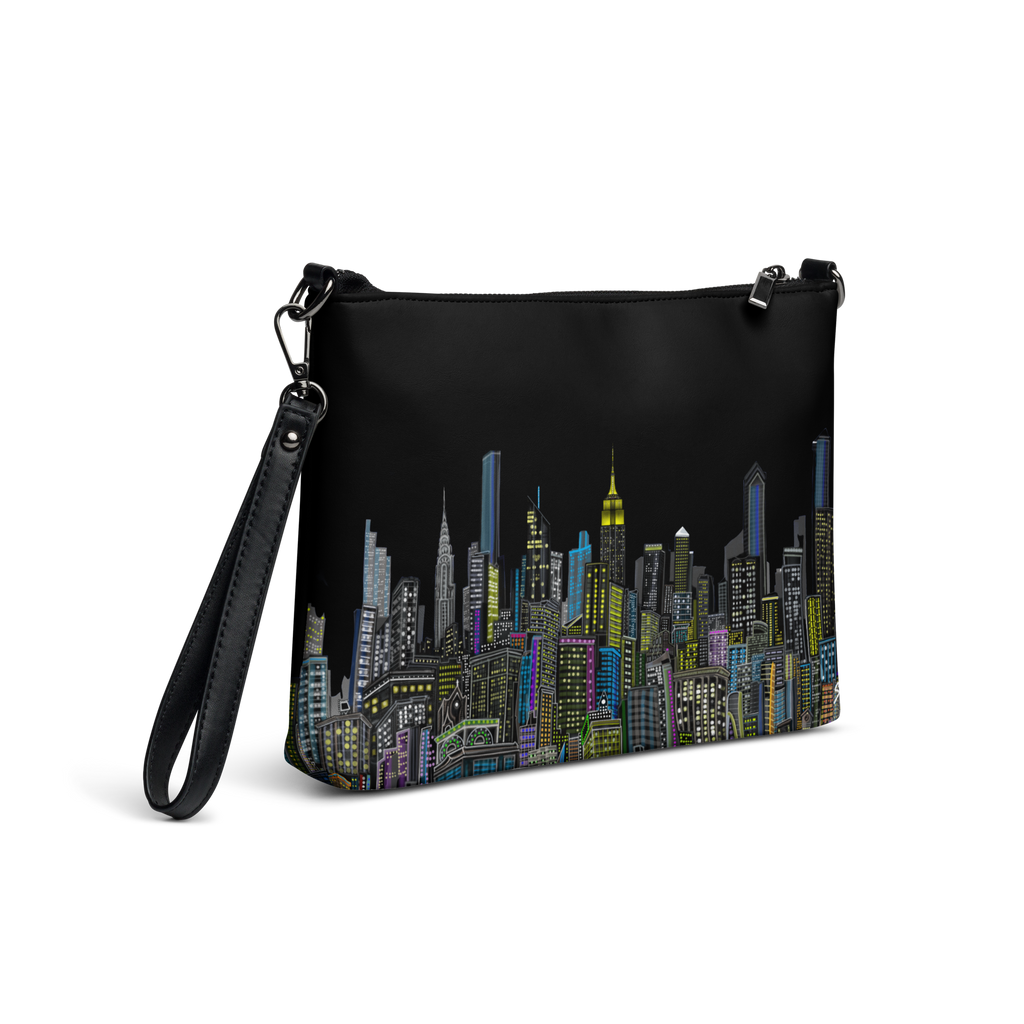 Black crossbody bag with cityscape Loria NYC Art design on a white background