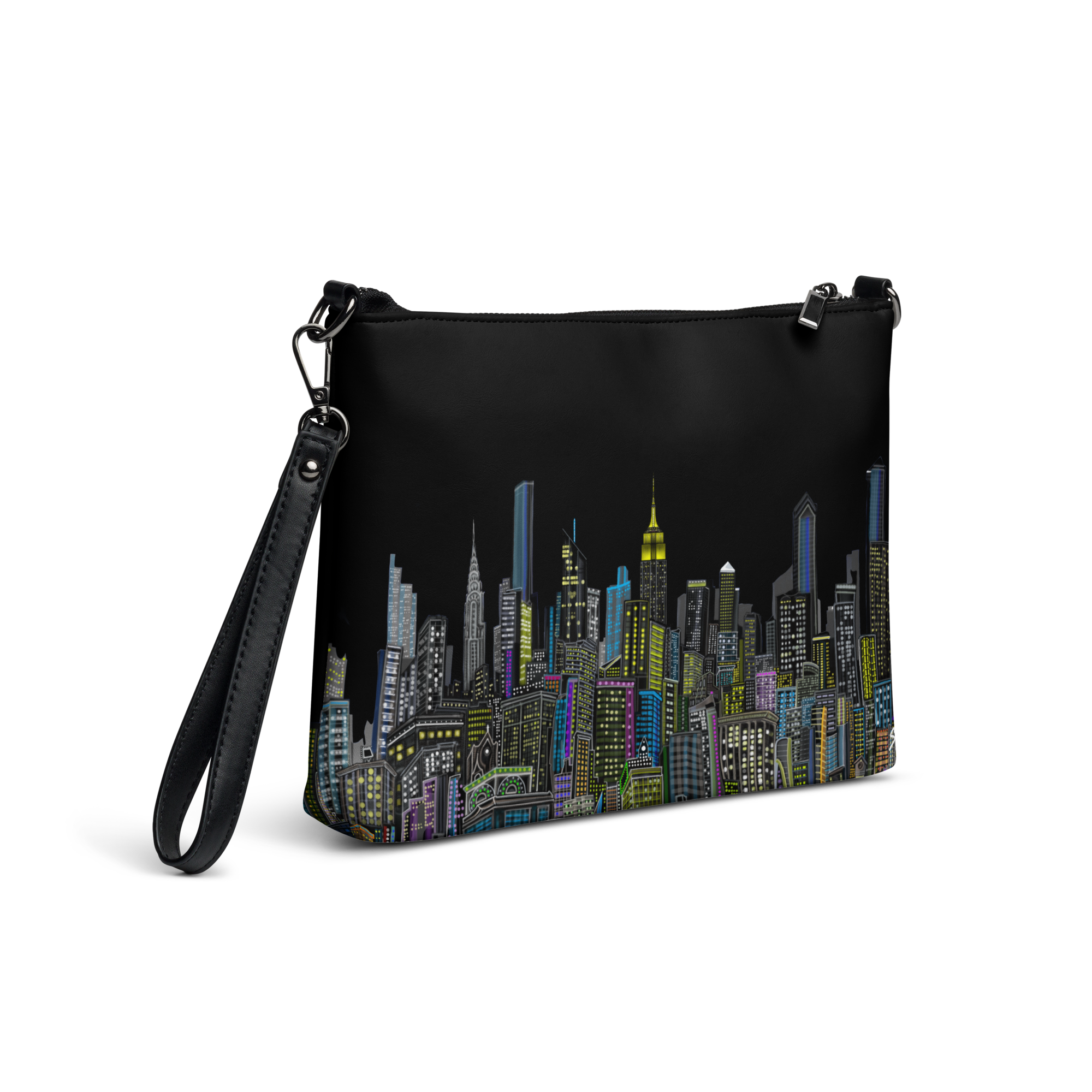 Black crossbody bag with cityscape Loria NYC Art design on a white background