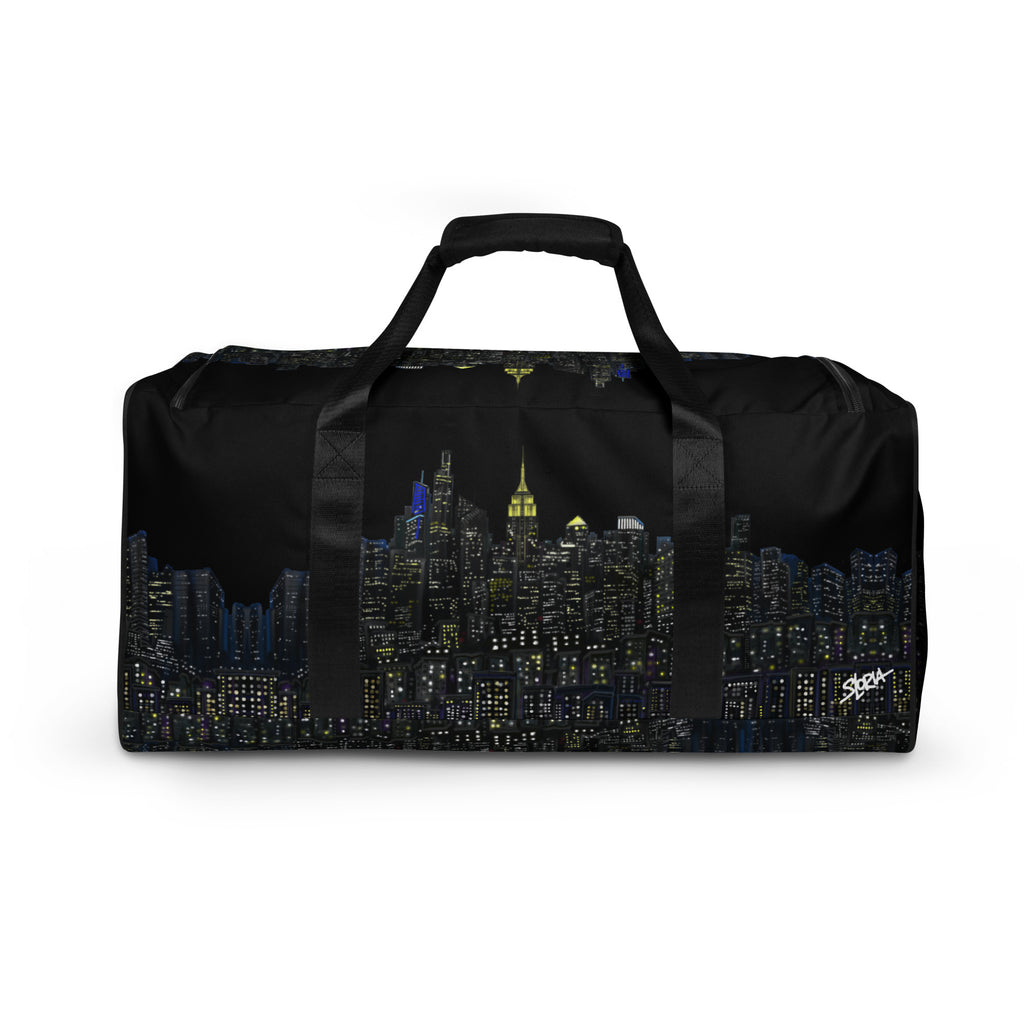 Black duffel bag with NY cityscape designed by Loria NYC Art shown on a white background