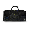 Black duffel bag with NY cityscape designed by Loria NYC Art shown on a white background