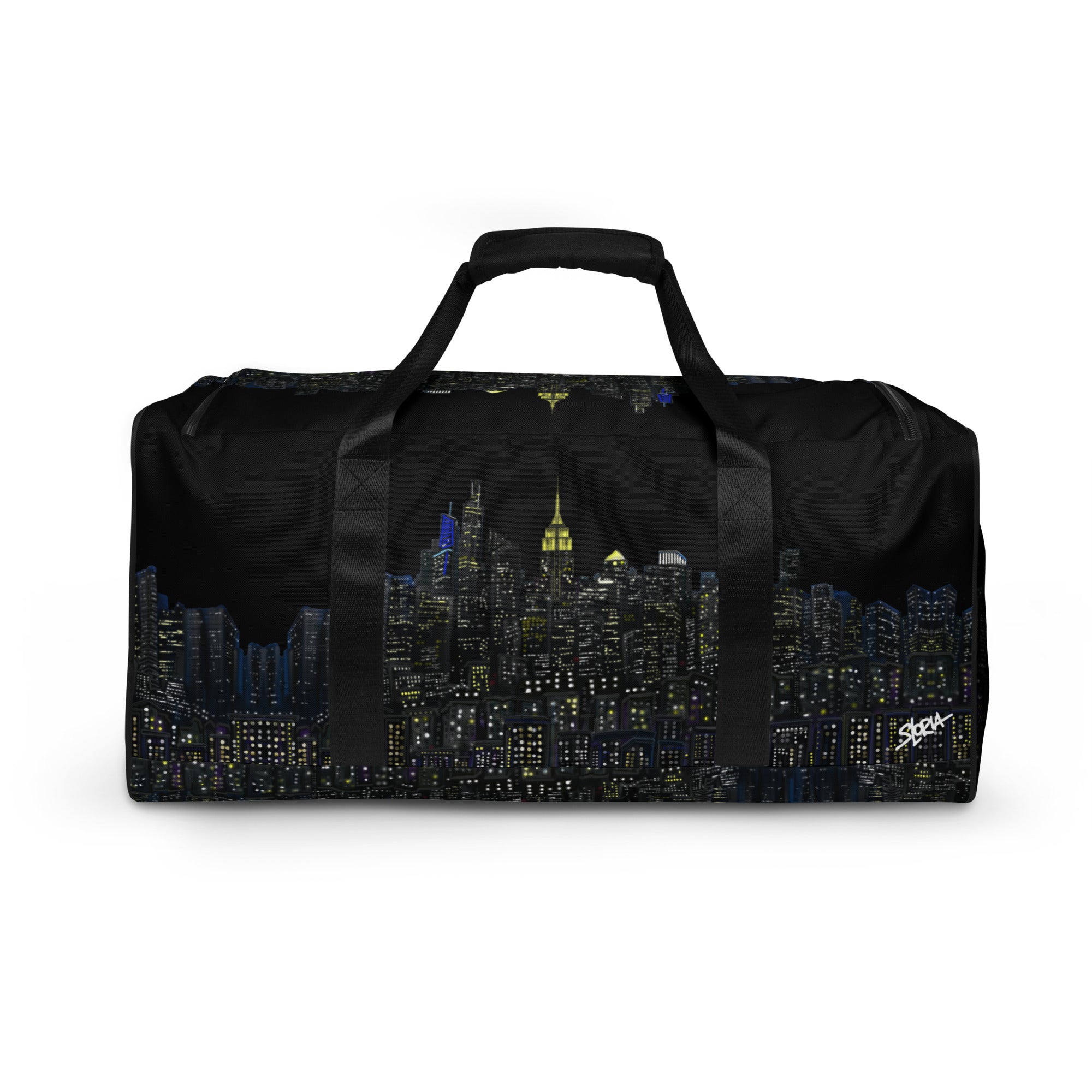 Black duffel bag with NY cityscape designed by Loria NYC Art shown on a white background