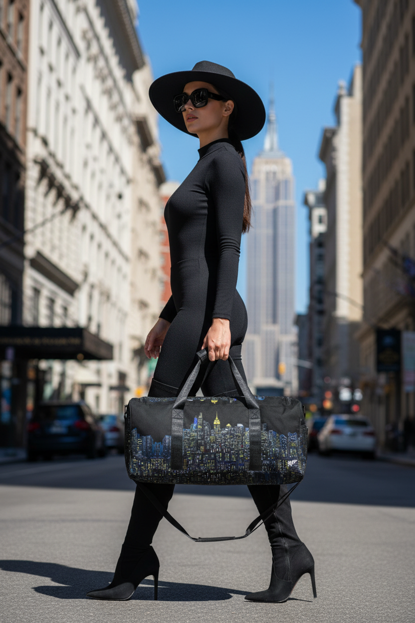 Women walking carrying a large black Loria NYC Art duffle bag across a street in the city .