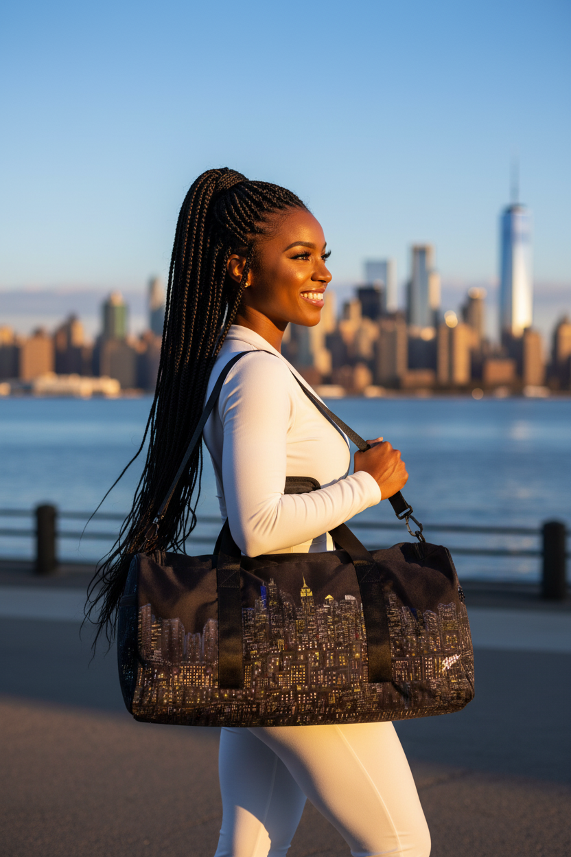 Woman holding a Loria NYC Art black duffel bag with city skyline design, standing in front of a cityscape.