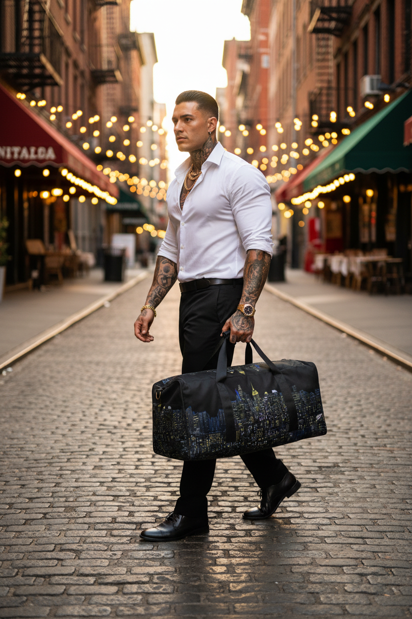 Man carrying a black skyline Loria NYC Art duffle bag in streets with restaurants.