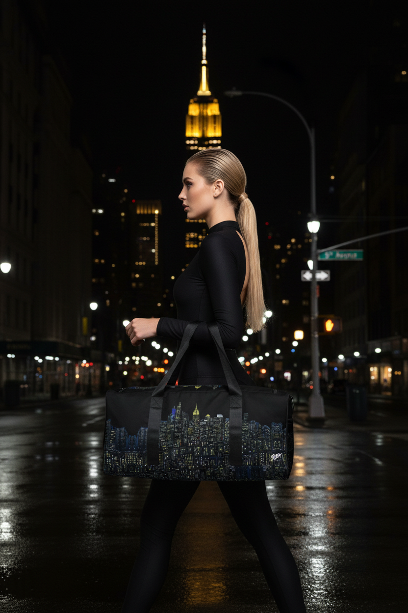 Blond women walking with a black Loria NYC Art duffle bag in a city street.