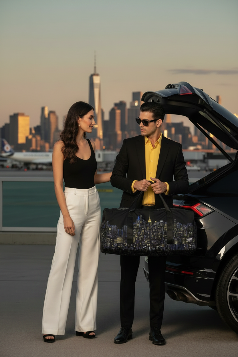 Man and woman standing next to a black car holding  a city Loria NYC Art skyline bag
