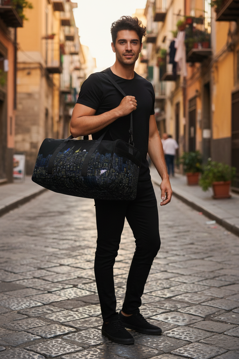 Man in tee shirtscarrying a Loria NYC Art skyline duffle bag in a Italian street.