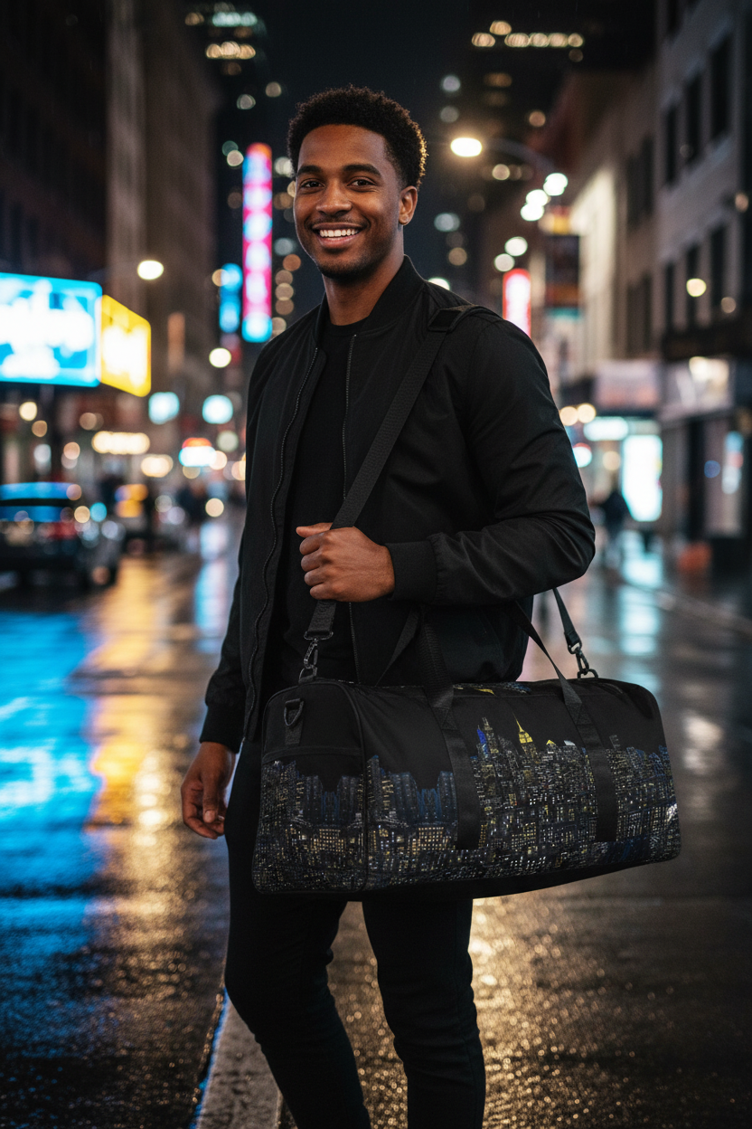 Man carrying a Loria NYC Art skyline duffle bag in the street.