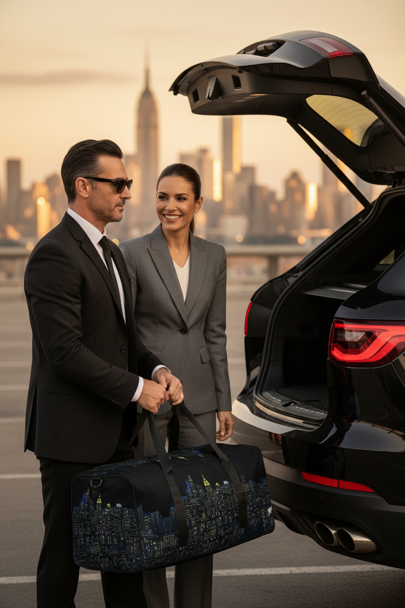 Two professionals with a Loria NYC Art duffel bag in front of an open car trunk, city skyline in the background