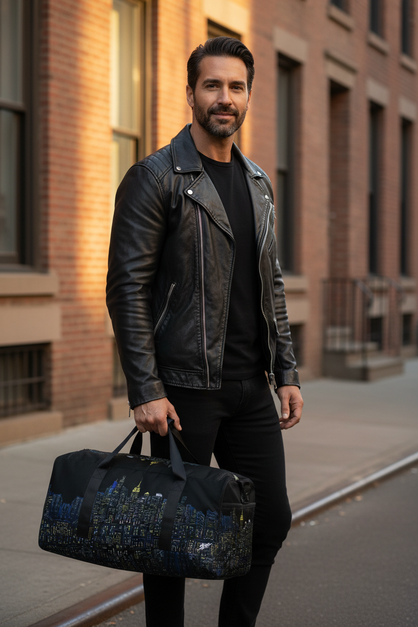 Man carrying a Loria NYC Art skyline duffle bag in an urban setting.