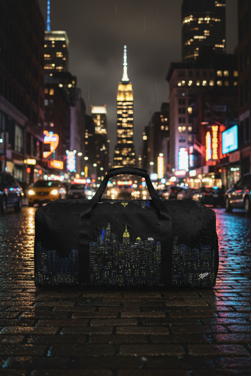 Black duffel bag with cityscape Loria NYC Art design on a city street at night