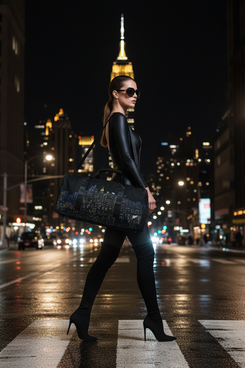 Women walking carrying black Loria NYC Art duffle bag in a street at night.