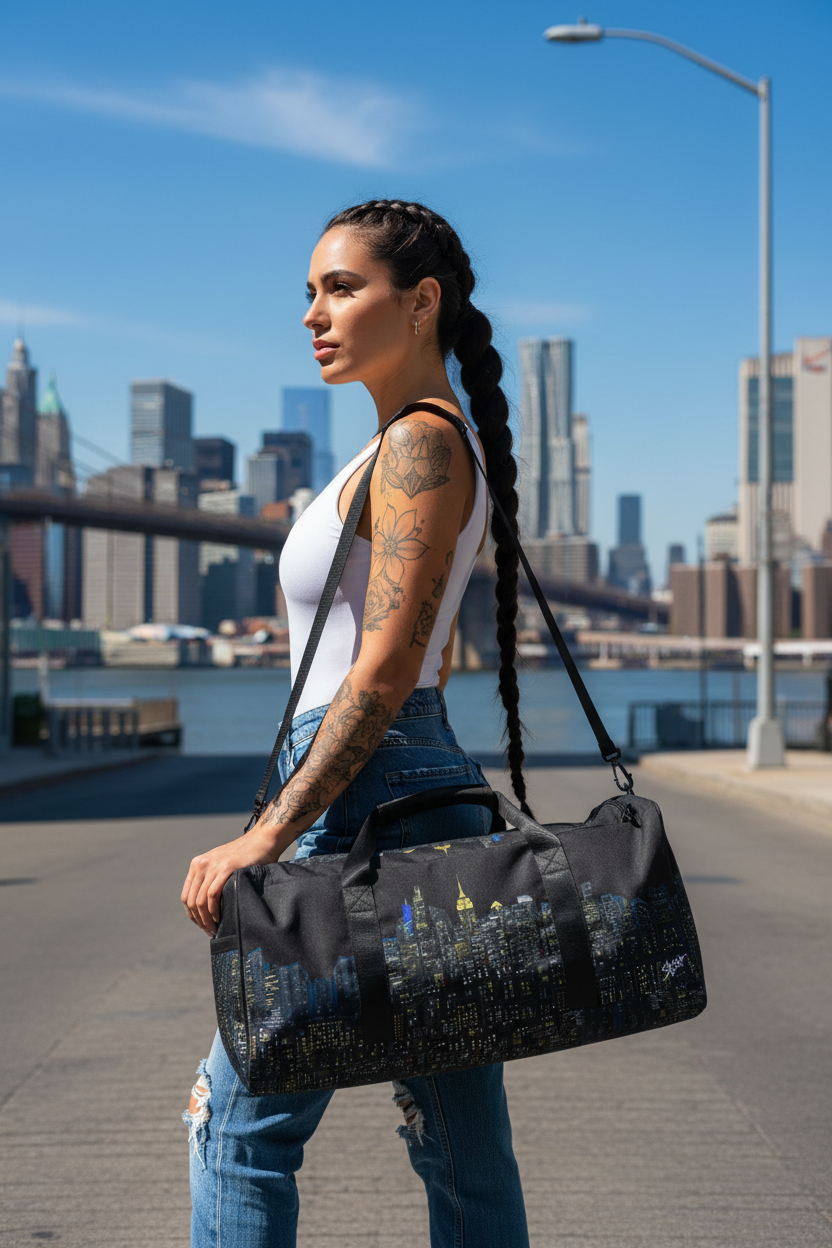 Woman holding a black duffel bag with cityscape Loria NYC Art design against a city skyline backdrop