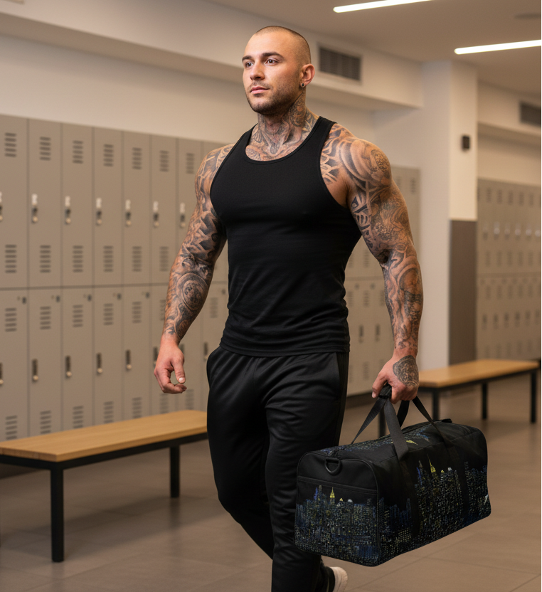 Guy in locker room holder duffle bag with Loria NYC Art design 