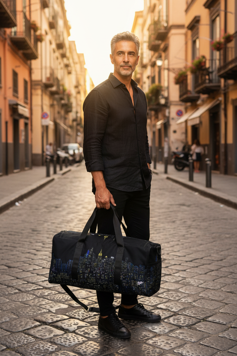 Man holding a Loria NYC Art skyline duffle bag an urban street.