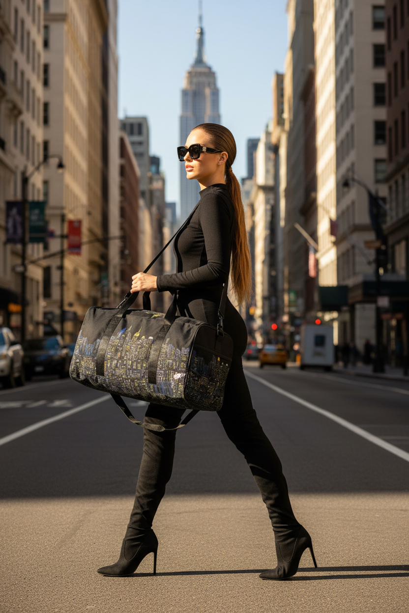 Women walking carrying a large black Loria NYC Art duffle bag in a city street 