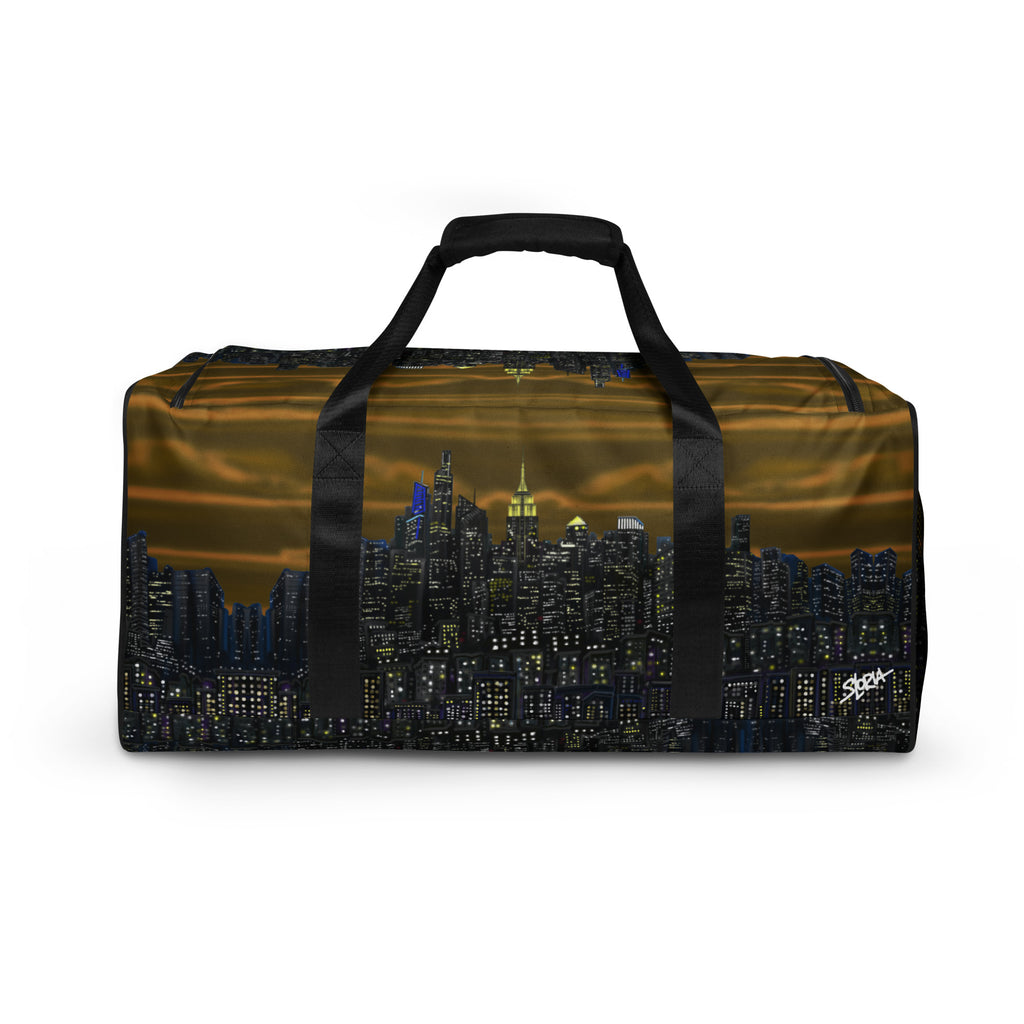 Large brown duffle back designed by Loria NYC Art shown on background 