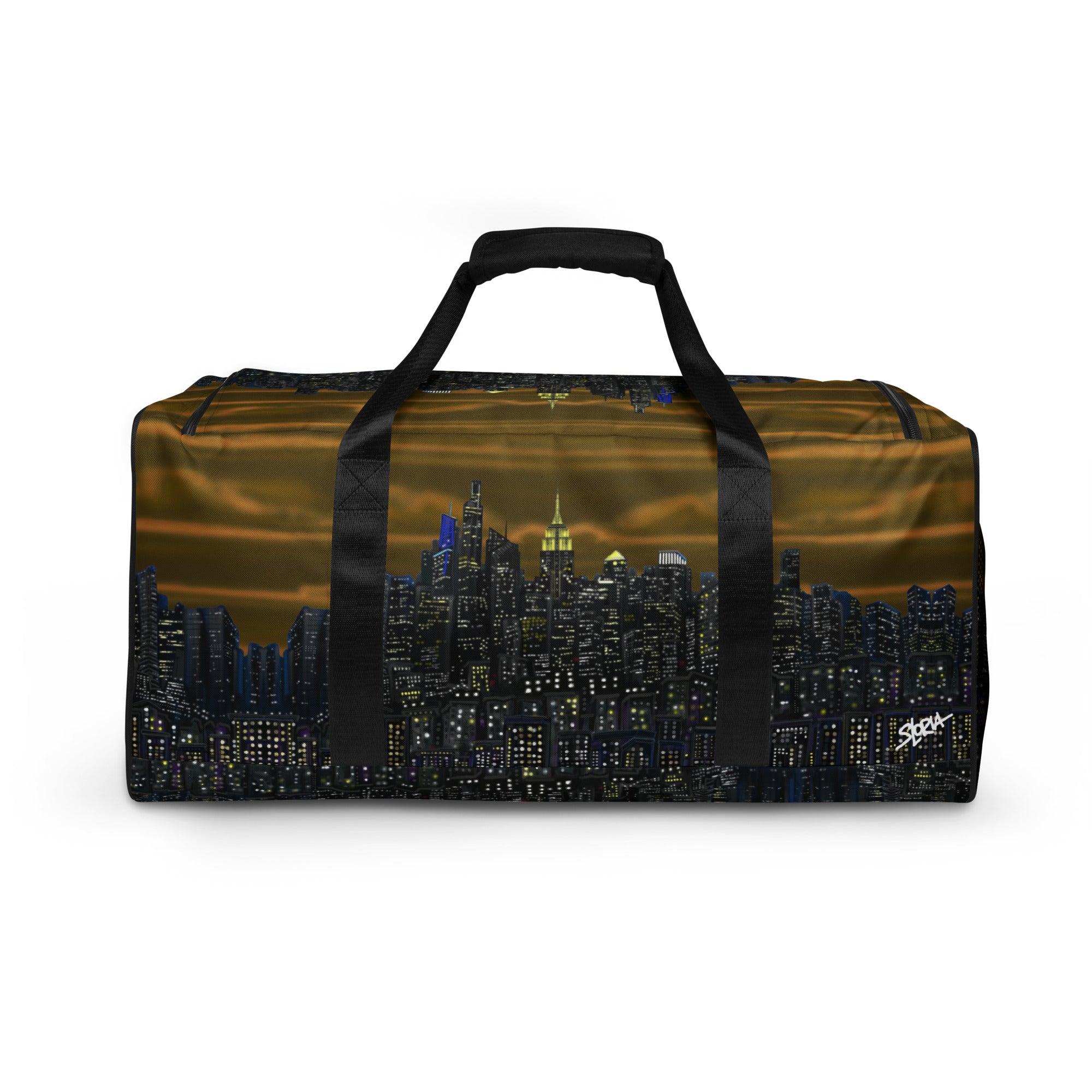 Large brown duffle back designed by Loria NYC Art shown on background 