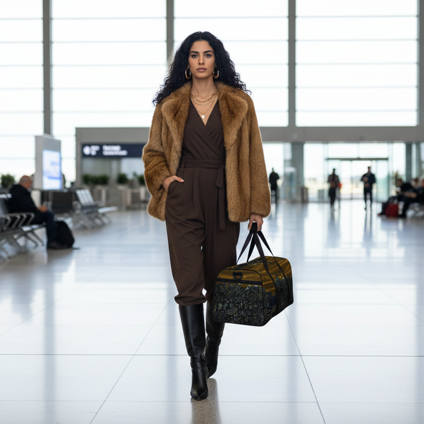 Woman walking through an airport terminal holding a Brown Duffle bag with NY cityscape design by Loria NYC Art 