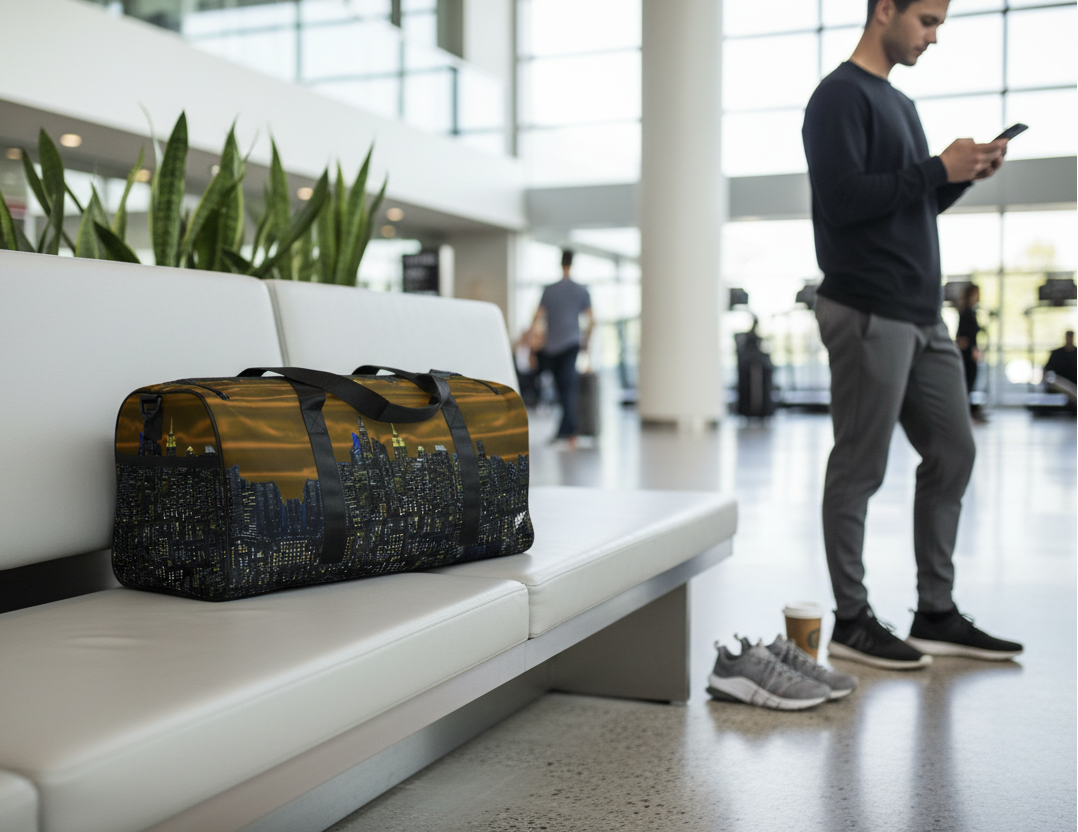 Brown Duffle bag with NY cityscape design by Loria NYC Art  on a bench in a modern indoor setting with a person using a phone in the background